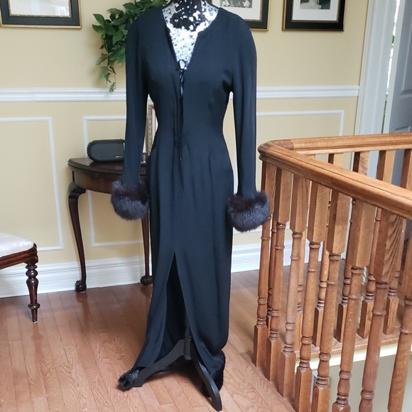 Designer Black Dress with Fur Cuffs And Hem - Picture 3 of 8